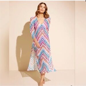 STYLEST AQUALACE Rainbow Chevron Stripe
Lace Puff Sleeve Belted Caftan SwimDress